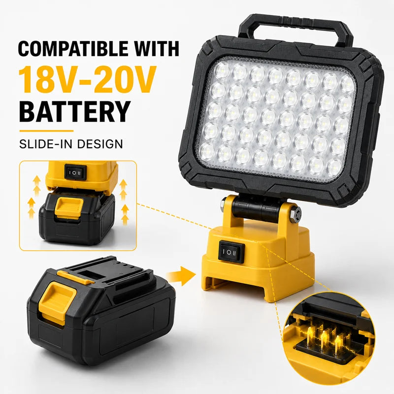 Lampe de travail LED sans fil noire et jaune avec sa batterie et son système coulissant.