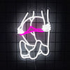 A white neon outline of a human torso with a pink heart shape inside, displayed against a dark grid background.