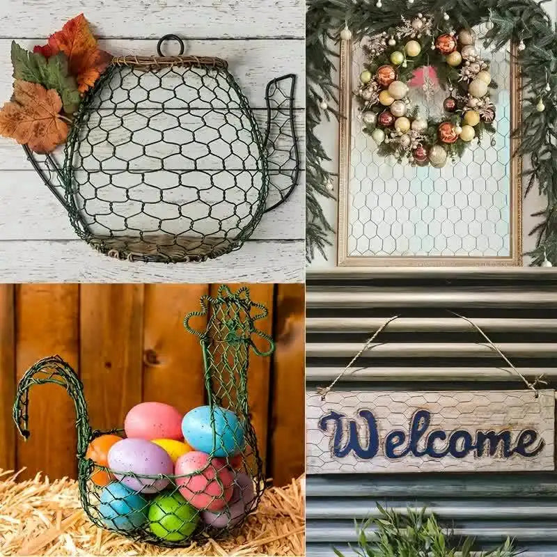 A decorative chicken wire mesh hanging basket with seasonal greenery and flowers.