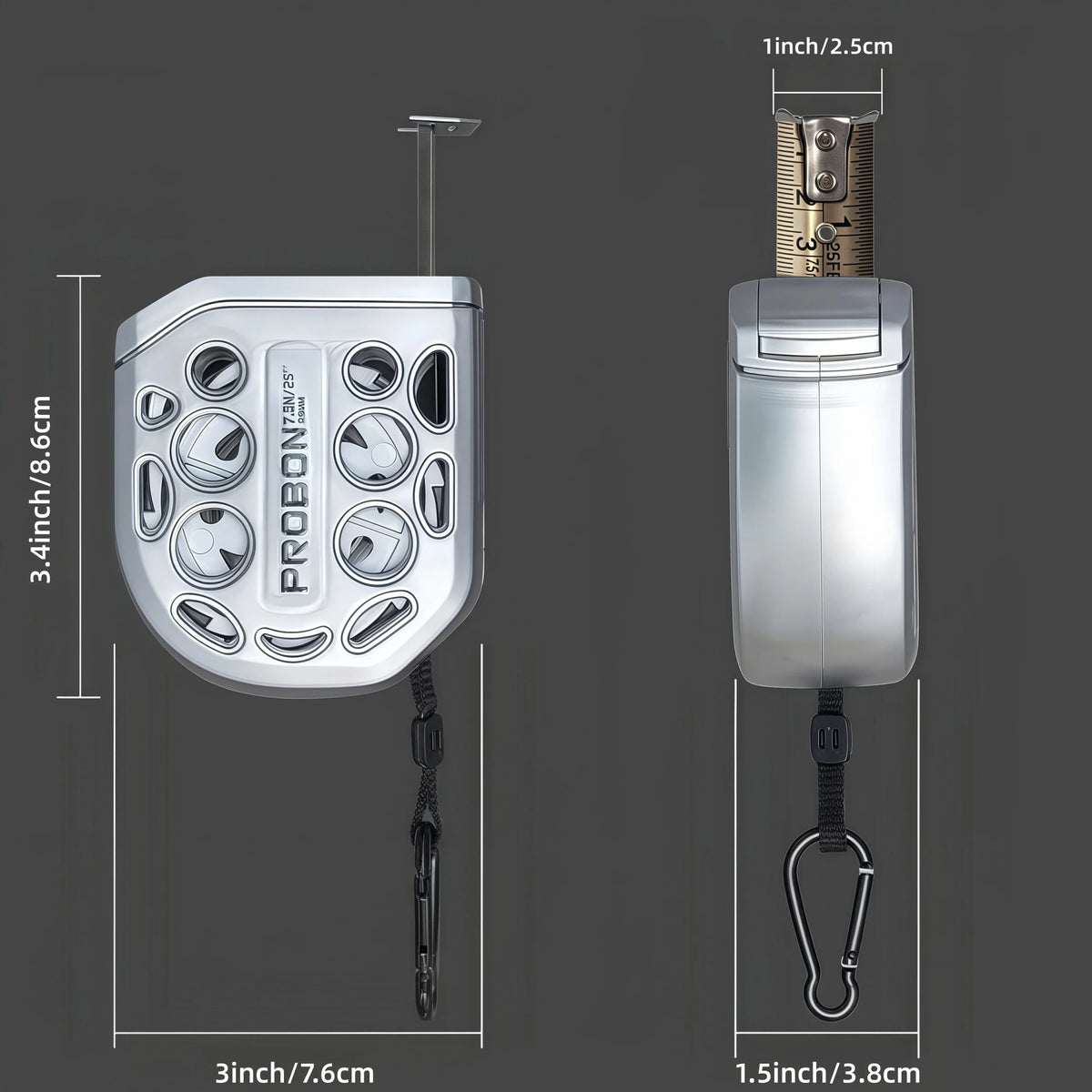 A silver professional metal auto lock measuring tape shown with various dimensions and a hook.
