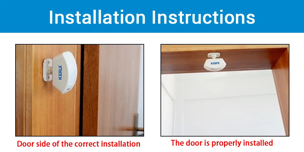 Installation instructions showing the correct installation of a wireless infrared curtain security sensor on a door.