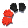 A pair of plush full finger winter gloves, one black and one bright orange, displayed against a white background.