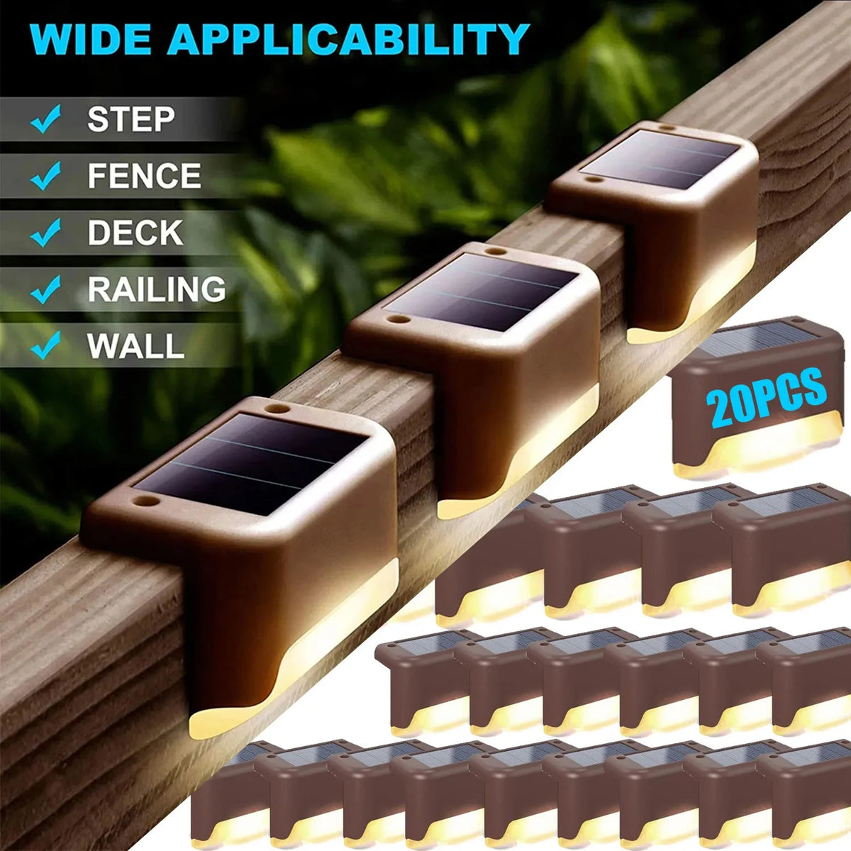 A variety of solar powered deck and pathway lights in brown and black are shown mounted on a wooden railing.