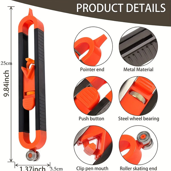 An orange and black precision contour gauge tool showing various parts like the pointer end, metal material, push button, ste