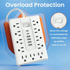 A white multi-port power strip with a red button showing overload protection features.