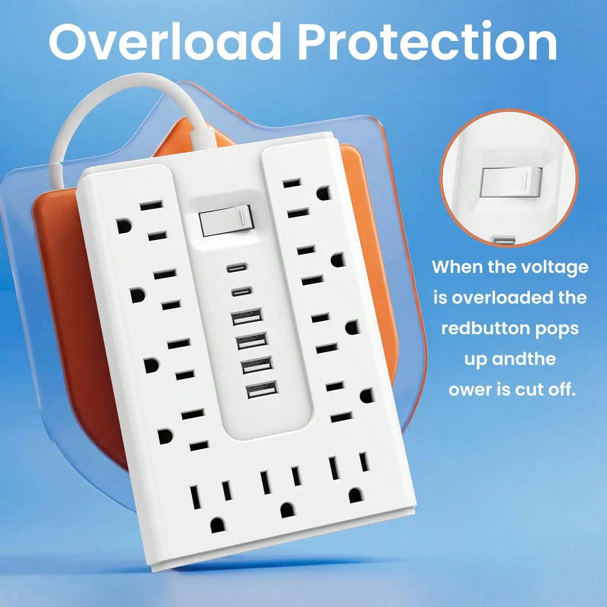 A white multi-port power strip with a red button showing overload protection features.