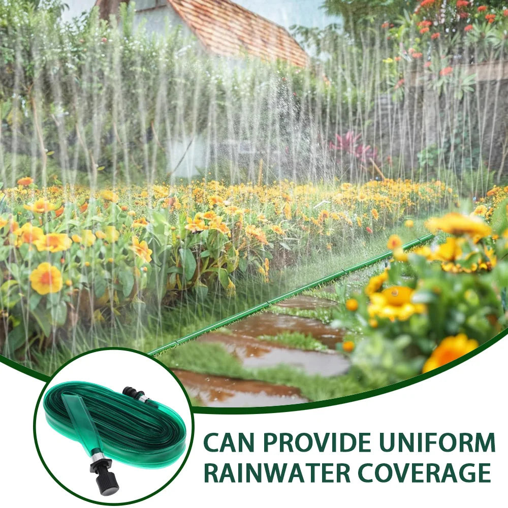 A green soaker hose is shown spraying uniform rainwater coverage over garden plants.