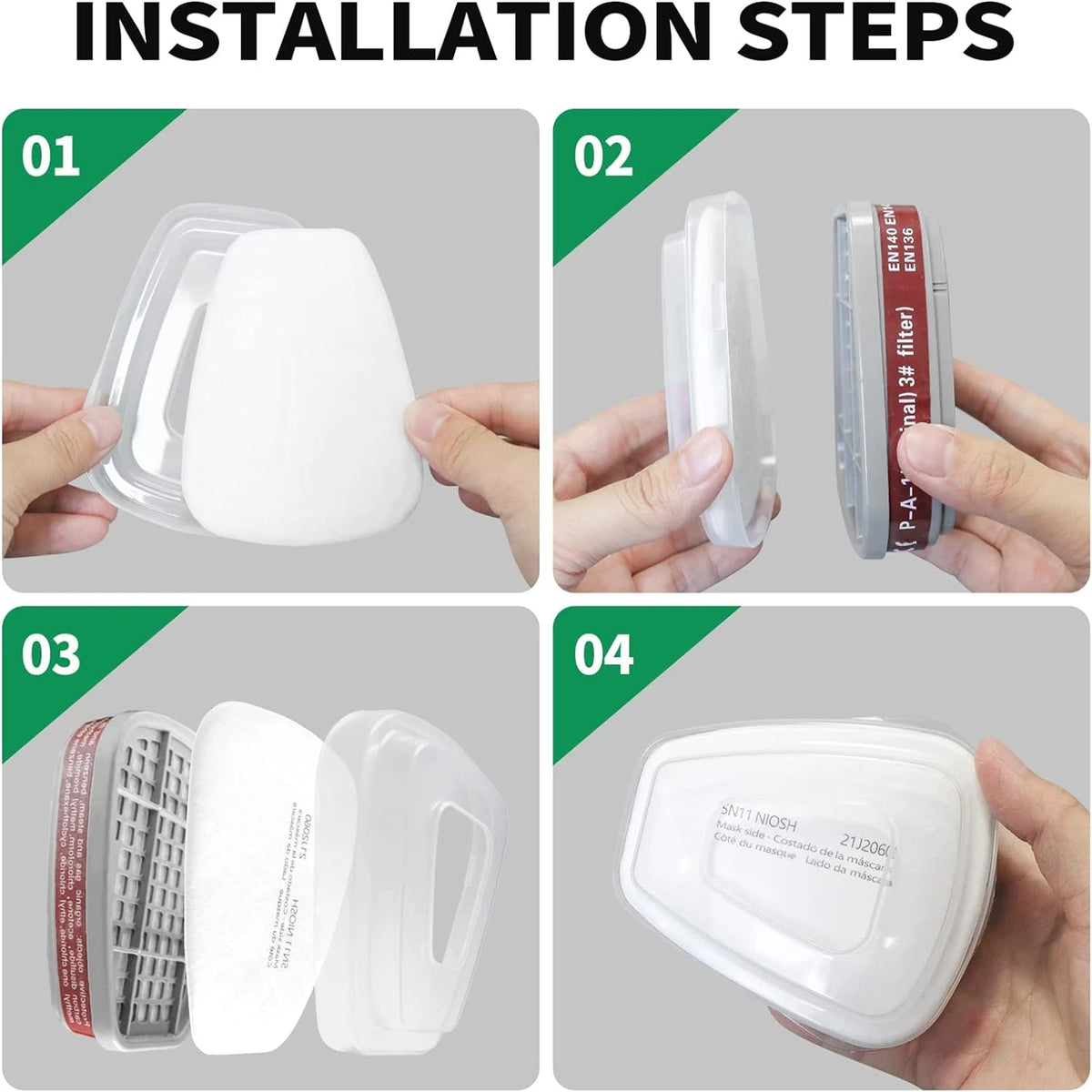 Four steps showing the installation of a high-performance dust filter cotton for gas masks