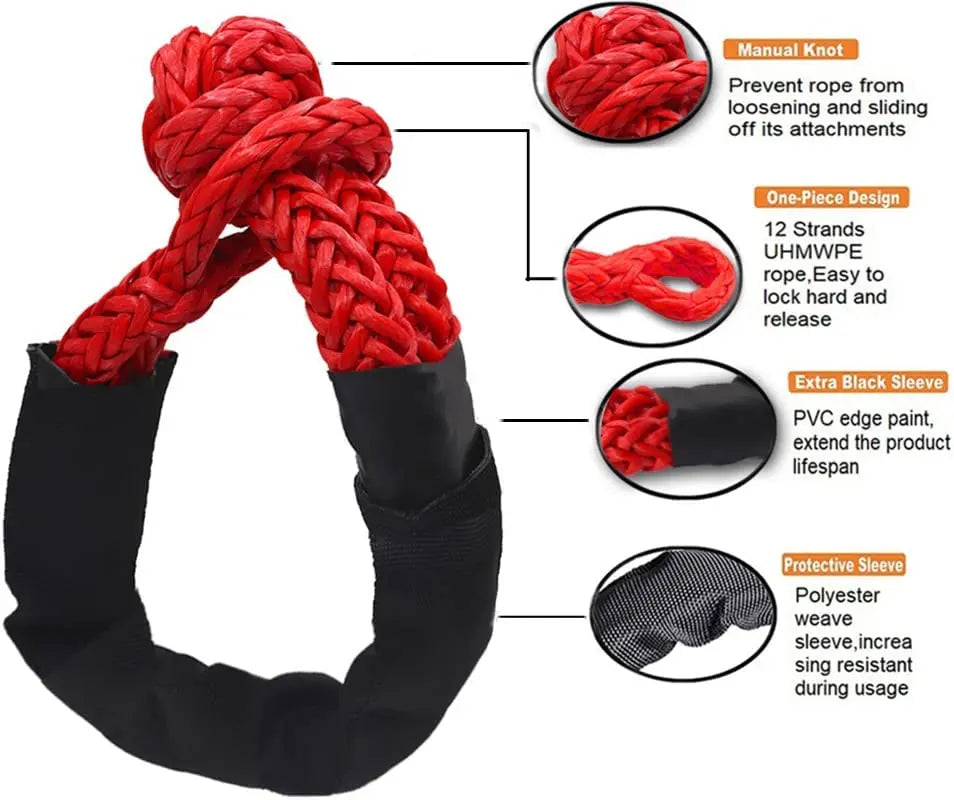 A red rope shackle set with black sleeves and knots shown in various designs.