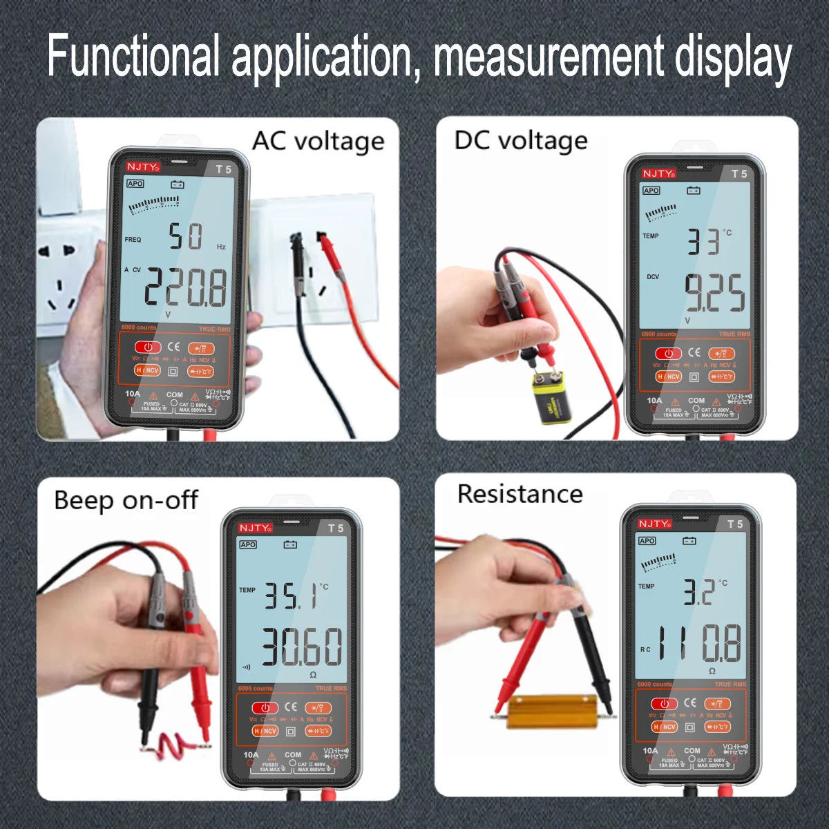A digital multimeter displaying AC and DC voltage, beep on-off function, and resistance measurements.