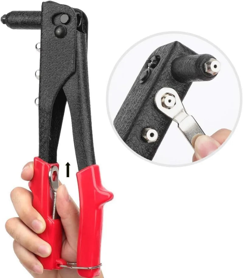 A hand rivet gun kit showing the tool and a close-up of its operation.
