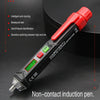 An orange and black non-contact induction pen AC voltage detector with various features listed.