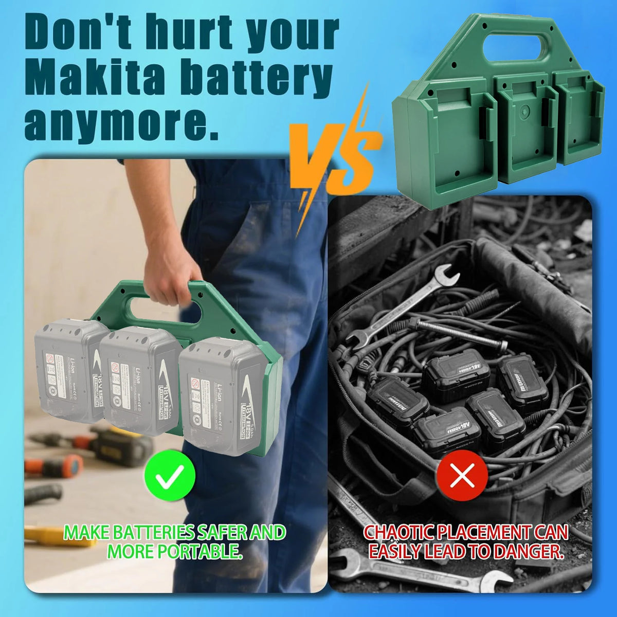 Vergleich: Sicherer Batterieregale vs. chaotische Makita-Batterienanordnung.