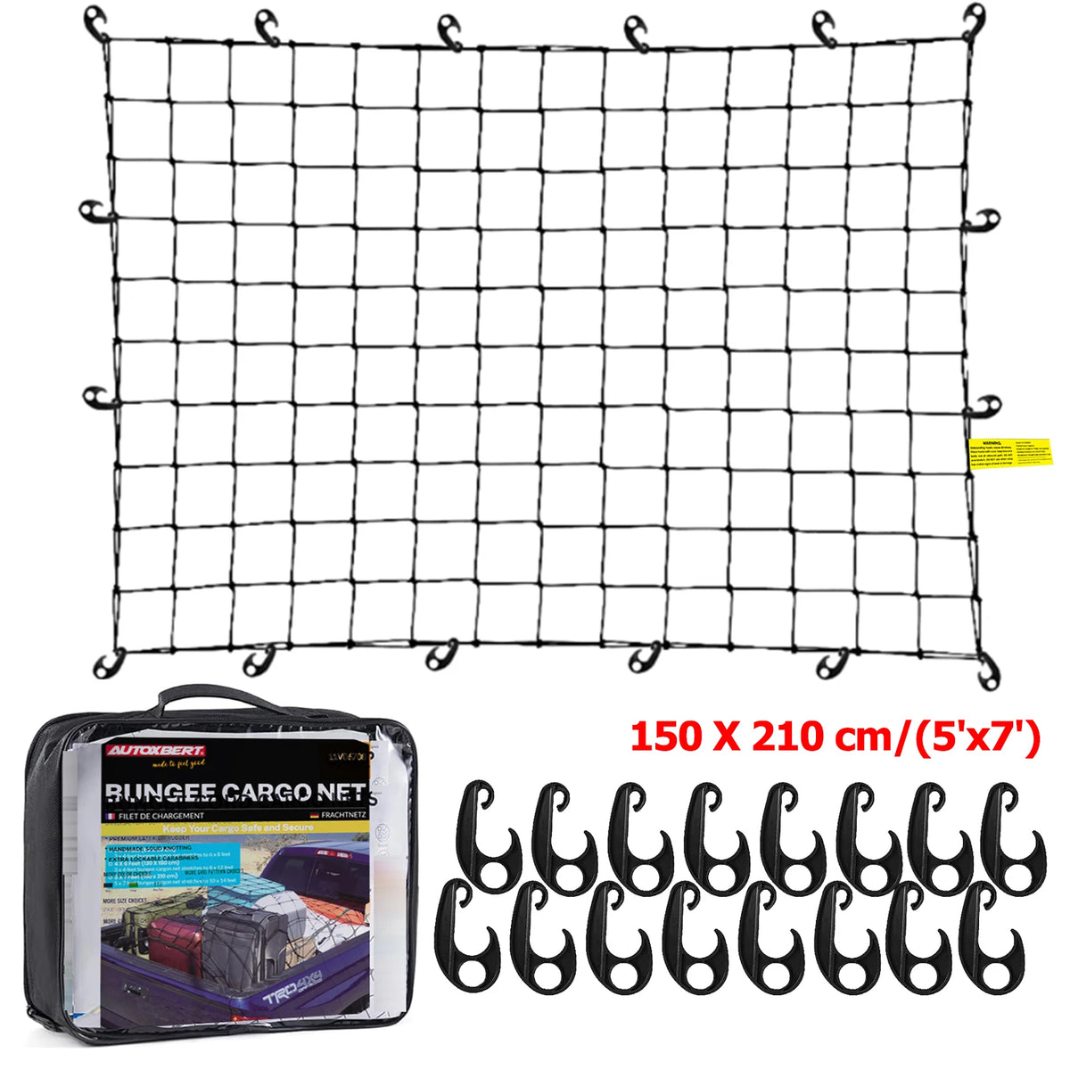 Black heavy-duty cargo bungee net with multiple bungee cords and a mesh grid