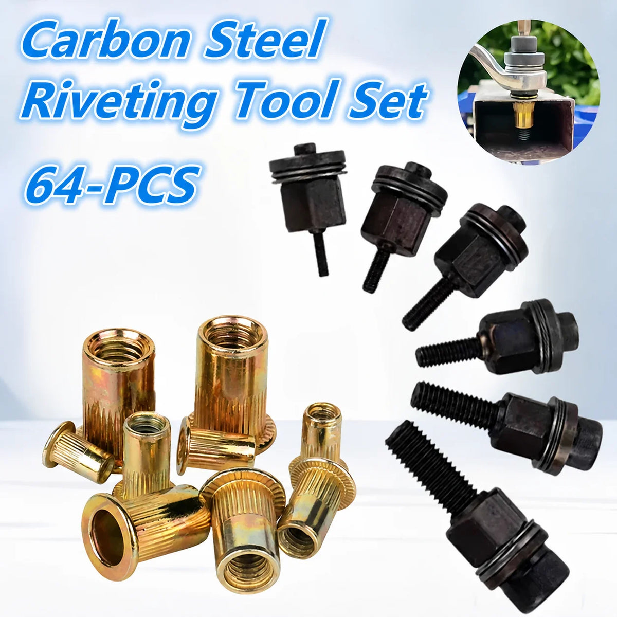 A set of 64 carbon steel riveting tools and threaded inserts for various sizes.