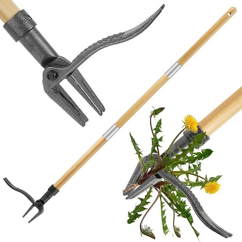 A set of adjustable vertical weed puller tools, including a hand fork and a long wooden tool with a metal claw.