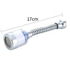 Silver dual cartridge water filter with a threaded tip, measuring 17cm long.