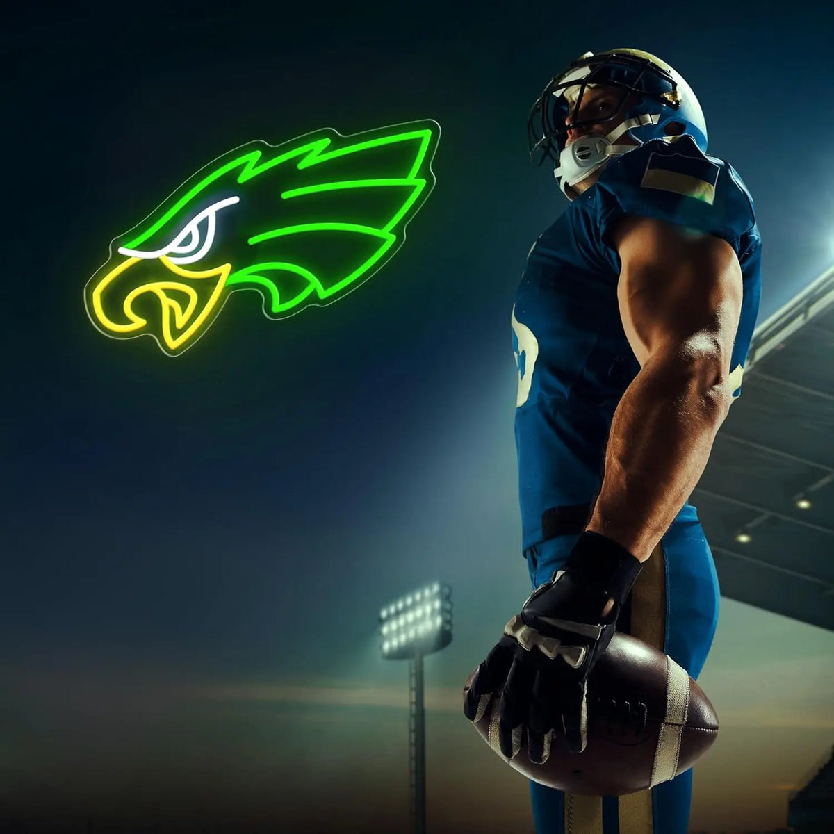 A muscular athlete in a blue uniform holds an American football with a neon green eagle silhouette glowing in the background.