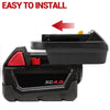 Black battery adapter for Milwaukee to Dewalt tools with an easy to install feature.