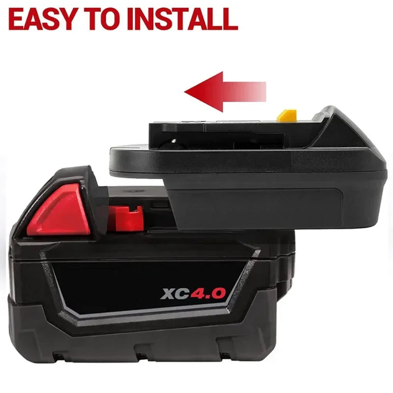 Black battery adapter for Milwaukee to Dewalt tools with an easy to install feature.
