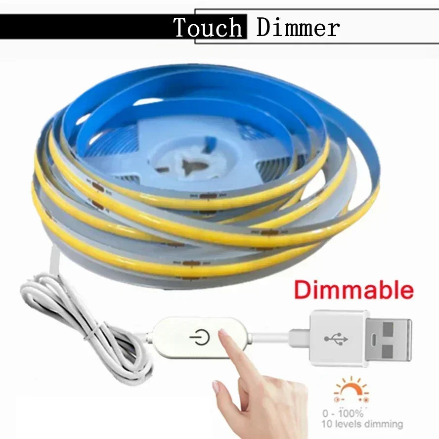 شريط إضاءة قابل للتعتيم أزرق وأصفر مع موصل USB، يوضح 10 مستويات تخفيت.