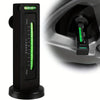 Herramienta vertical para alineación de ruedas negra con indicador verde y pantalla que muestra ángulos negativos, cero y pos