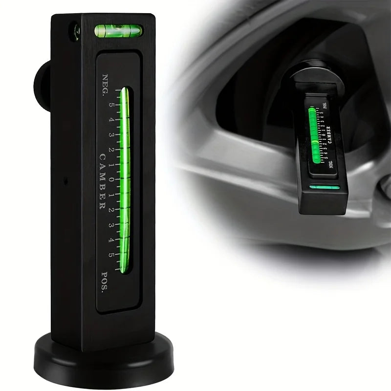 Herramienta vertical para alineación de ruedas negra con indicador verde y pantalla que muestra ángulos negativos, cero y pos