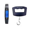 A black portable luggage scale with a digital display showing 0.000 and a hook for weighing items.