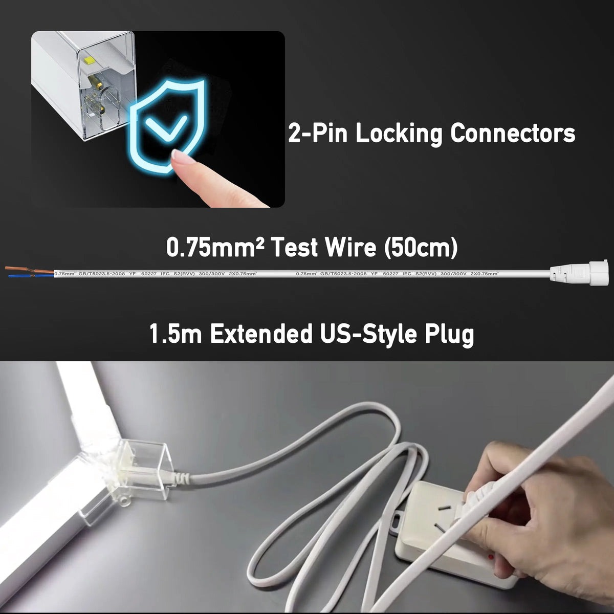 A kit showing 2-Pin Locking Connectors, a 0.75mm² test wire, and a 1.5m extended US-style plug for an LED light.