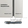 Installation requirements showing the fit of a refrigerator door into a cabinet, with a safety lock component displayed below