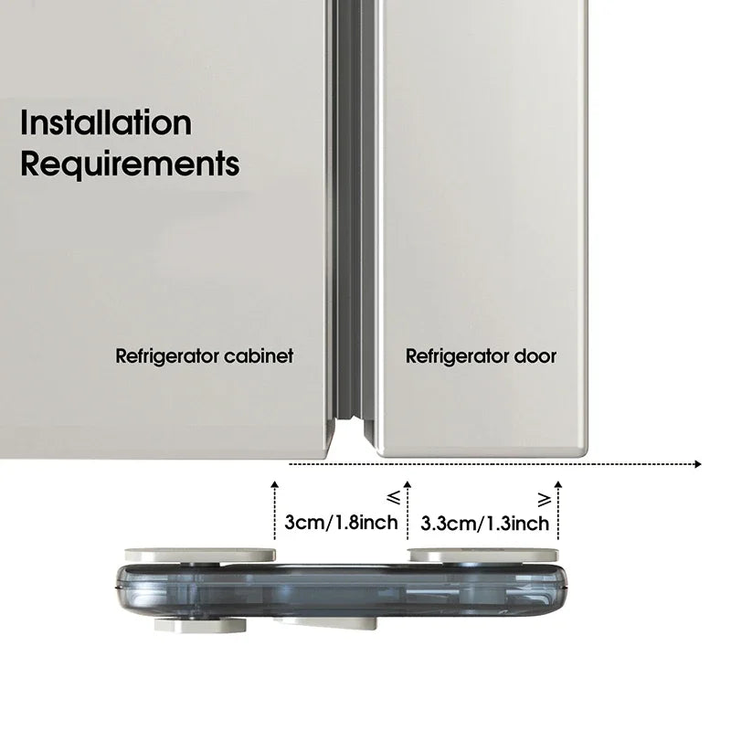 Installation requirements showing the fit of a refrigerator door into a cabinet, with a safety lock component displayed below