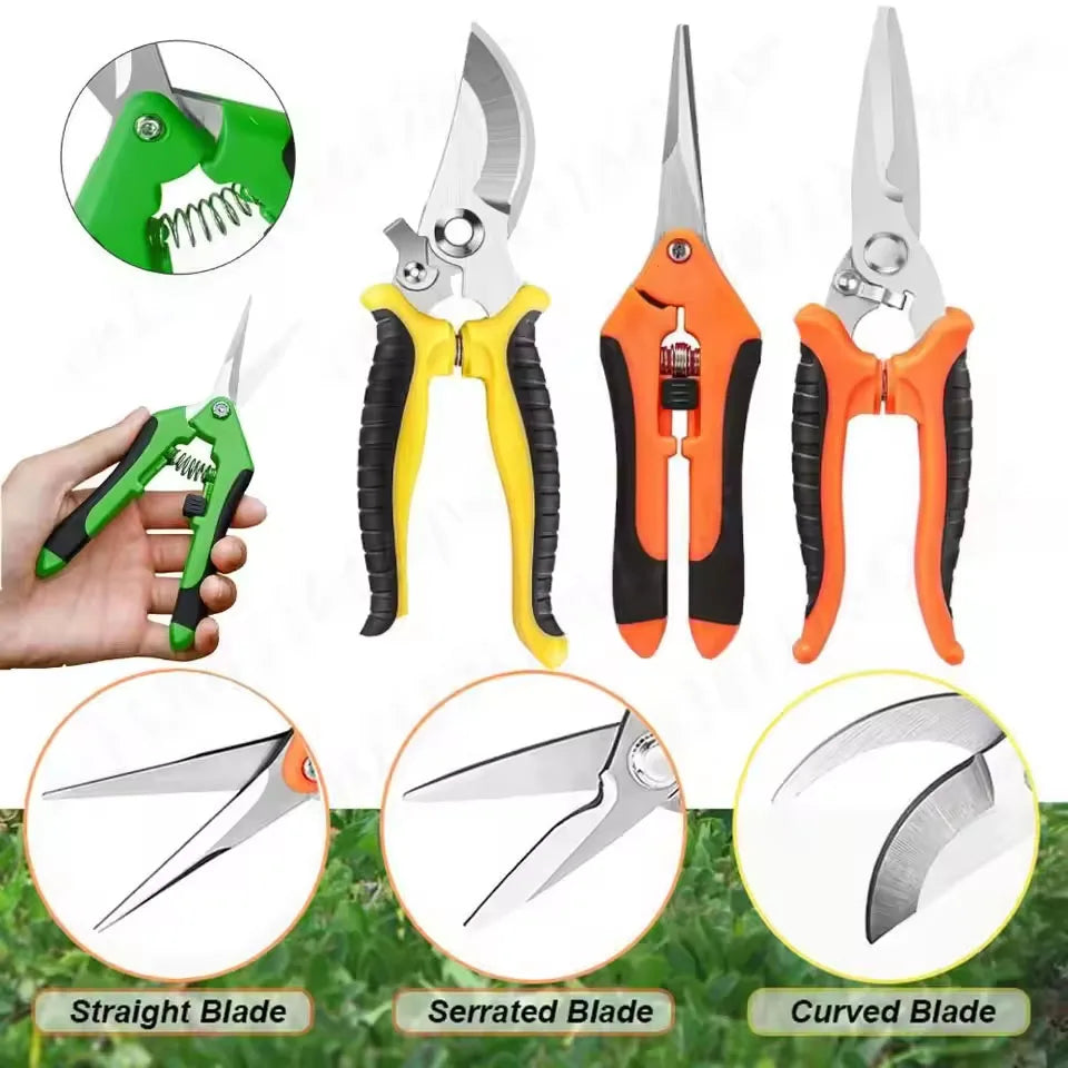A set of three stainless steel gardening tools including a knife, pliers, and a serrated blade.