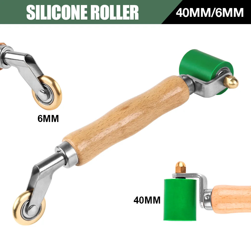 A silicone roller tool with a wooden handle and metal components, showing 6mm and 40mm sizes.