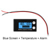 A digital battery capacity tester device with a blue screen, set function, and attached wires.