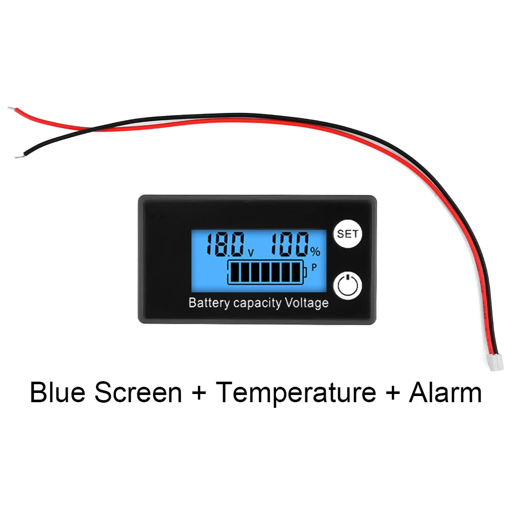A digital battery capacity tester device with a blue screen, set function, and attached wires.
