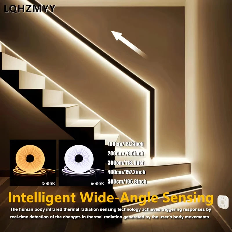 LED motion sensor light strip illuminating a staircase with a wide-angle effect