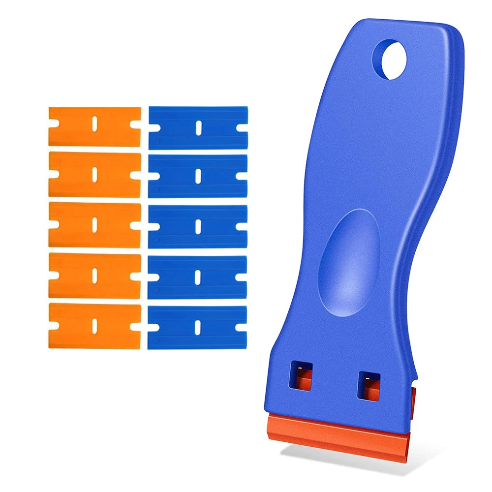 A blue multi-surface plastic razor blade scraper with orange and blue blades shown next to the tool.