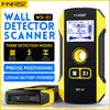 A yellow FNIRSI Wall Detector Scanner device with a black body and battery, shown next to its packaging.