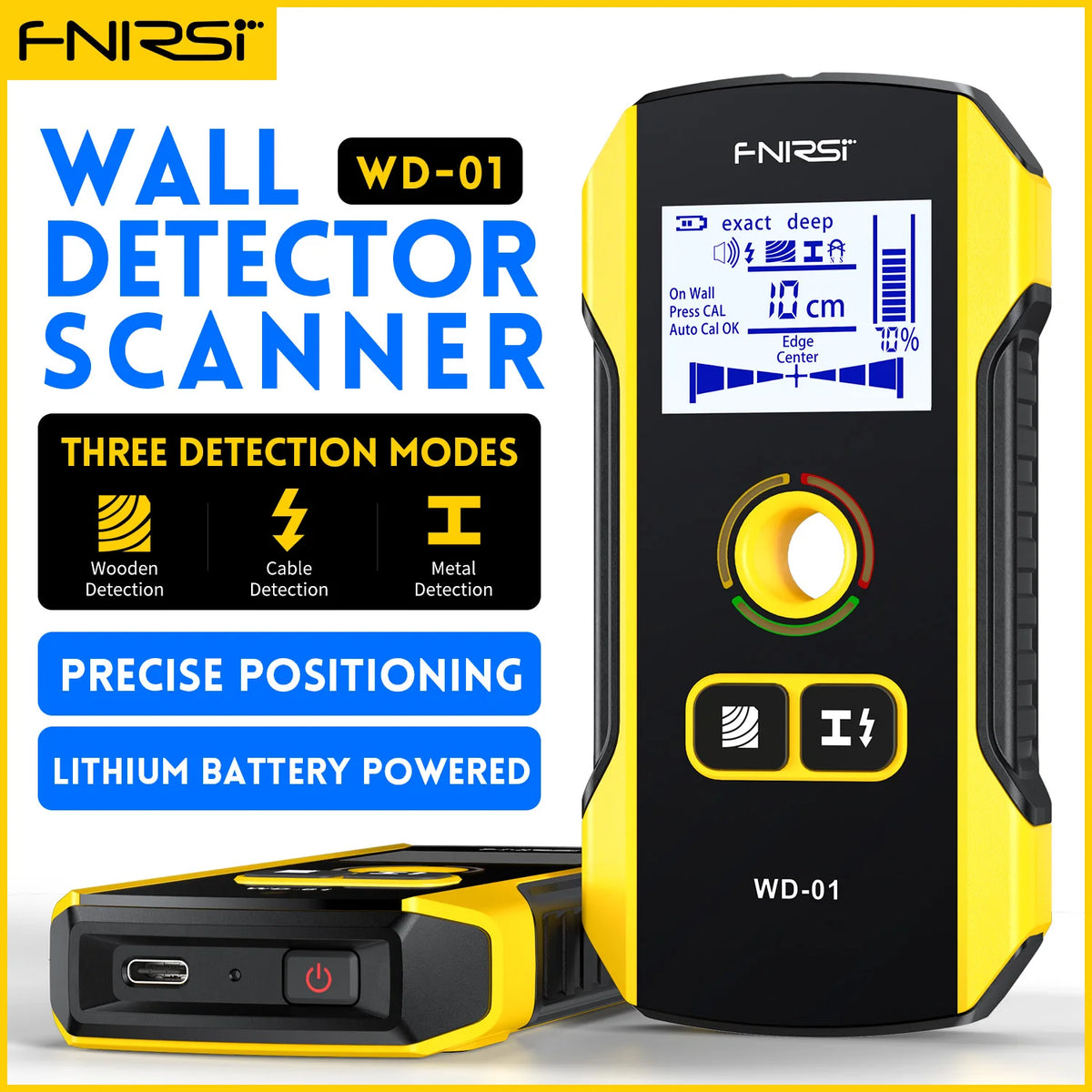 A yellow FNIRSI Wall Detector Scanner device with a black body and battery, shown next to its packaging.