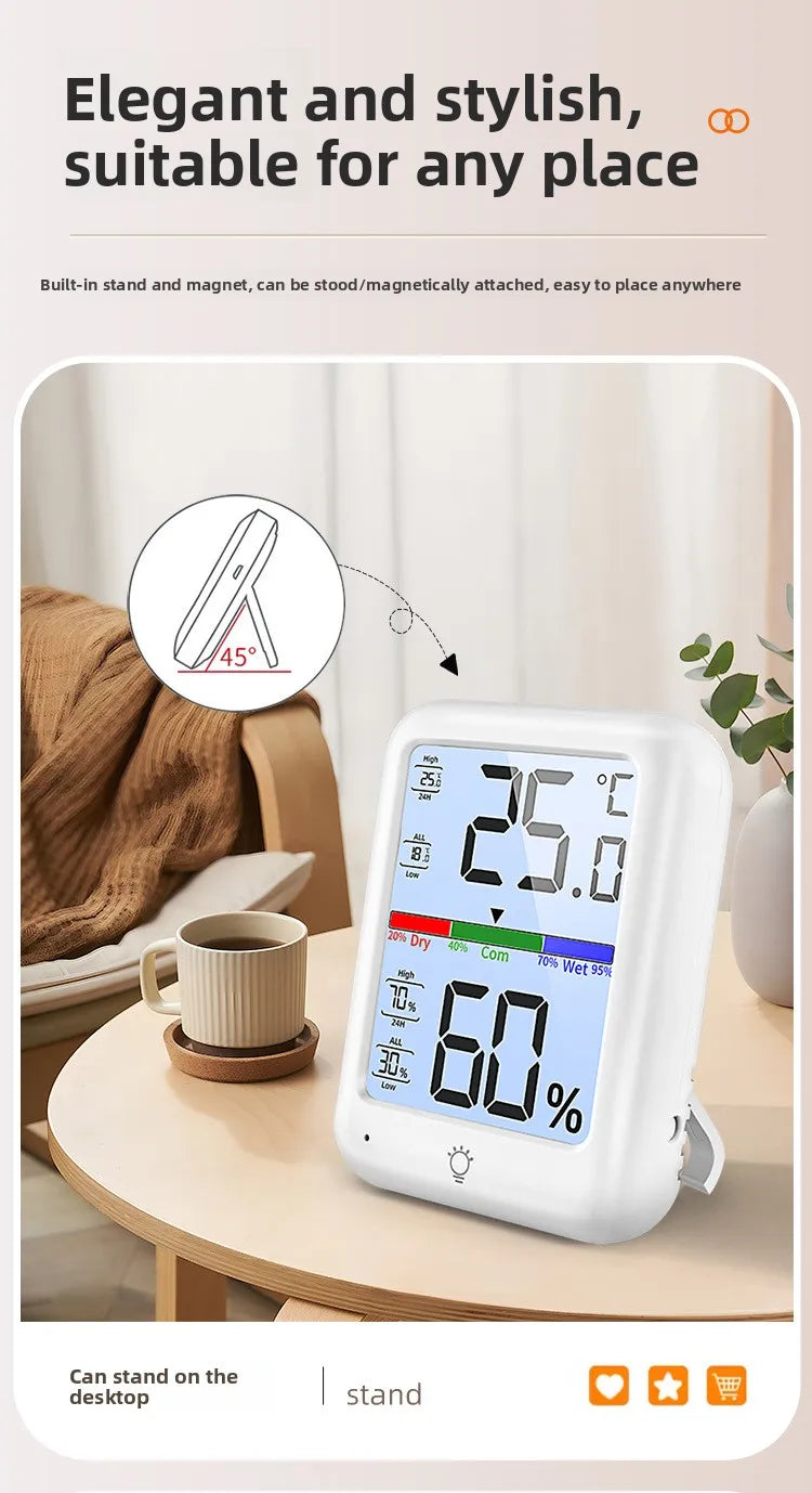 Termómetro digital y medidor de humedad blancos mostrando 25.0 °C y 60% de humedad, sobre una mesa de madera.