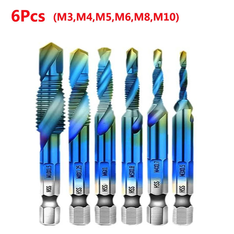 A set of six titanium coated hex shank tap and drill bits labeled M3, M4, M5, M6, M8, and M10.