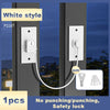 White style traceless adhesive safety lock installed on a dark door frame with a cord.