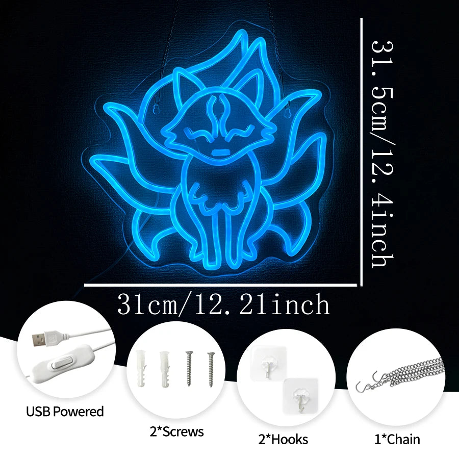 Blue neon wall sign shaped like a fox with various attachment options including USB power screws and hooks