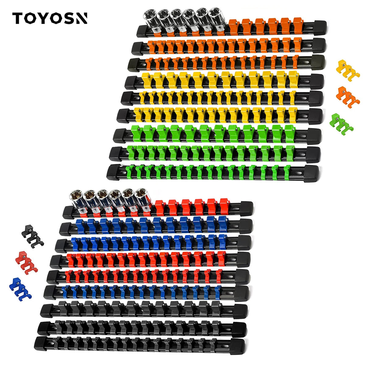 A collection of universal socket organizer rails in various colors and sizes for repair tools.