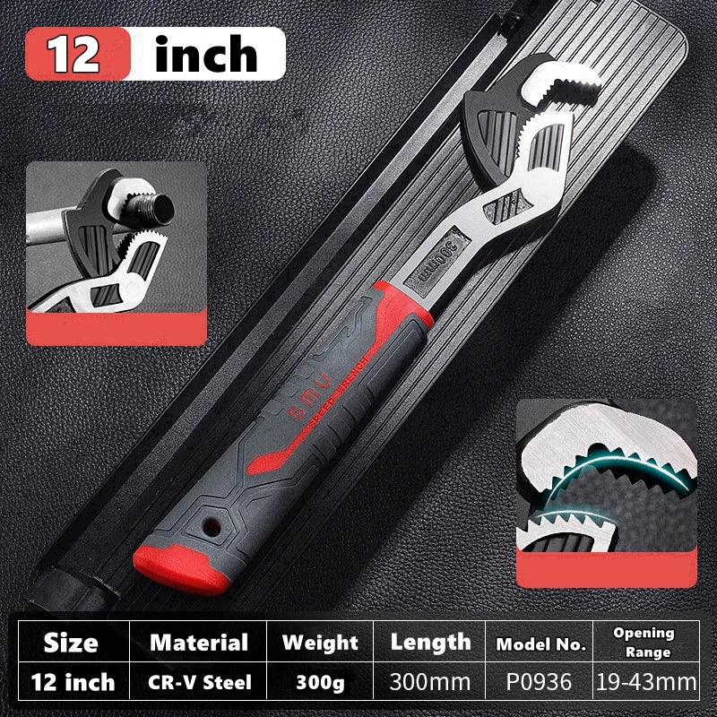 A 12 inch CR-V steel adjustable multi-sized locking wrench with a red handle and various sizes shown.