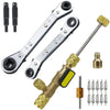 Kit d'outils pour le retrait du cœur de vanne, montrant divers outils y compris un long outil métallique et de petites pièces