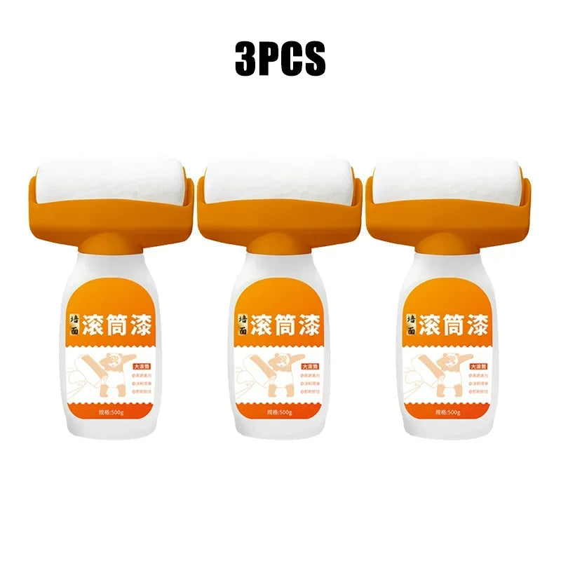 Tres kits de pintura DIY para reparar paredes en naranja y blanco con rodillos.