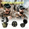 Two men wearing shooting earmuffs and tactical gear, with the product shown in various forms.