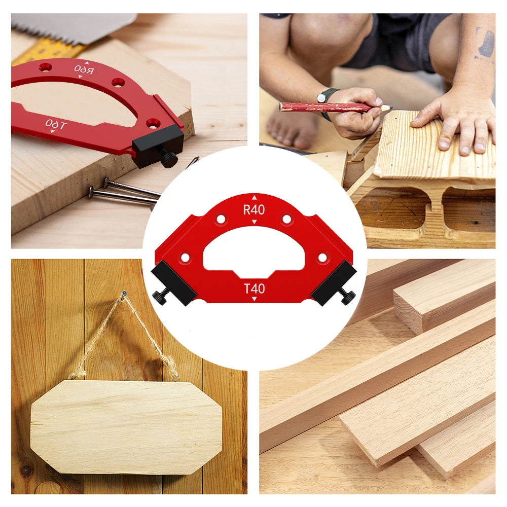 A precision radius jig for woodworking showing various components and finished wood pieces.