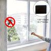 A hand is holding an invisible anti-mosquito window screen in front of a large window with a mosquito prohibition symbol.